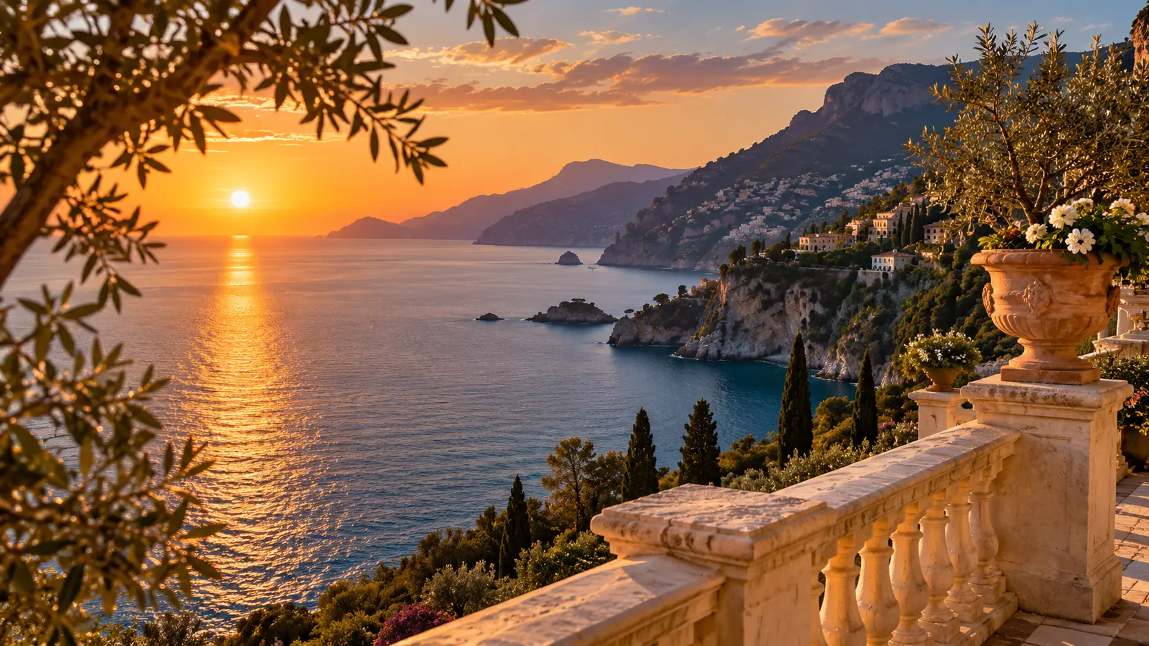 Sunset over the Riviera coastline seen from a stone balustrade