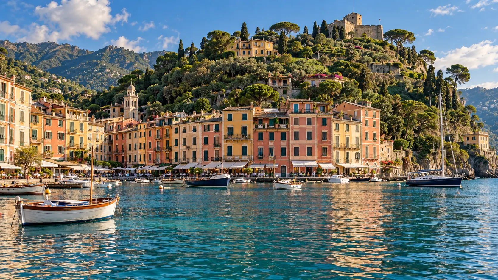 Colourful houses and boats in the harbour of Portofino