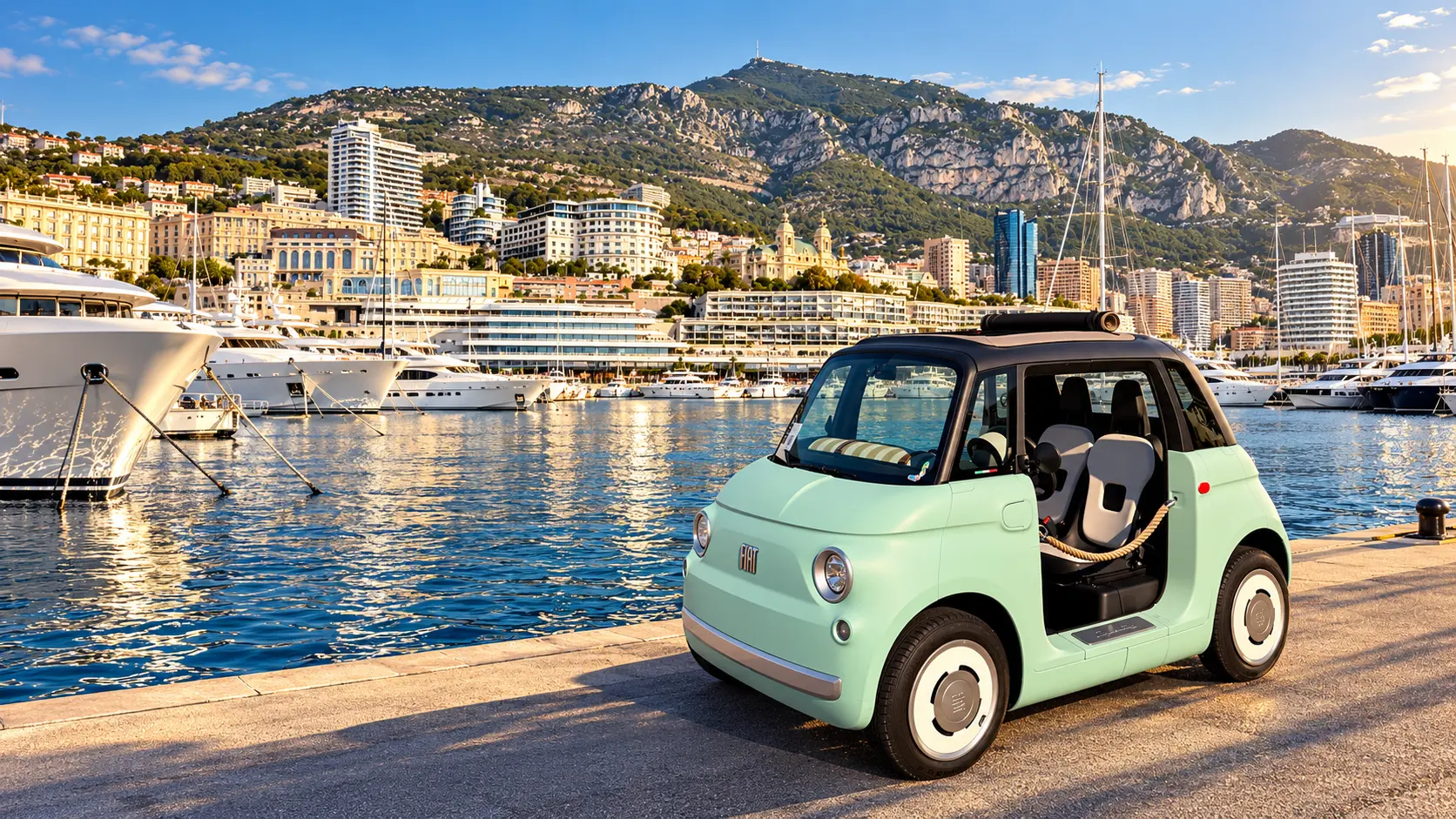 Mint green Fiat Topolino with open sides parked on the harbour front in Monaco