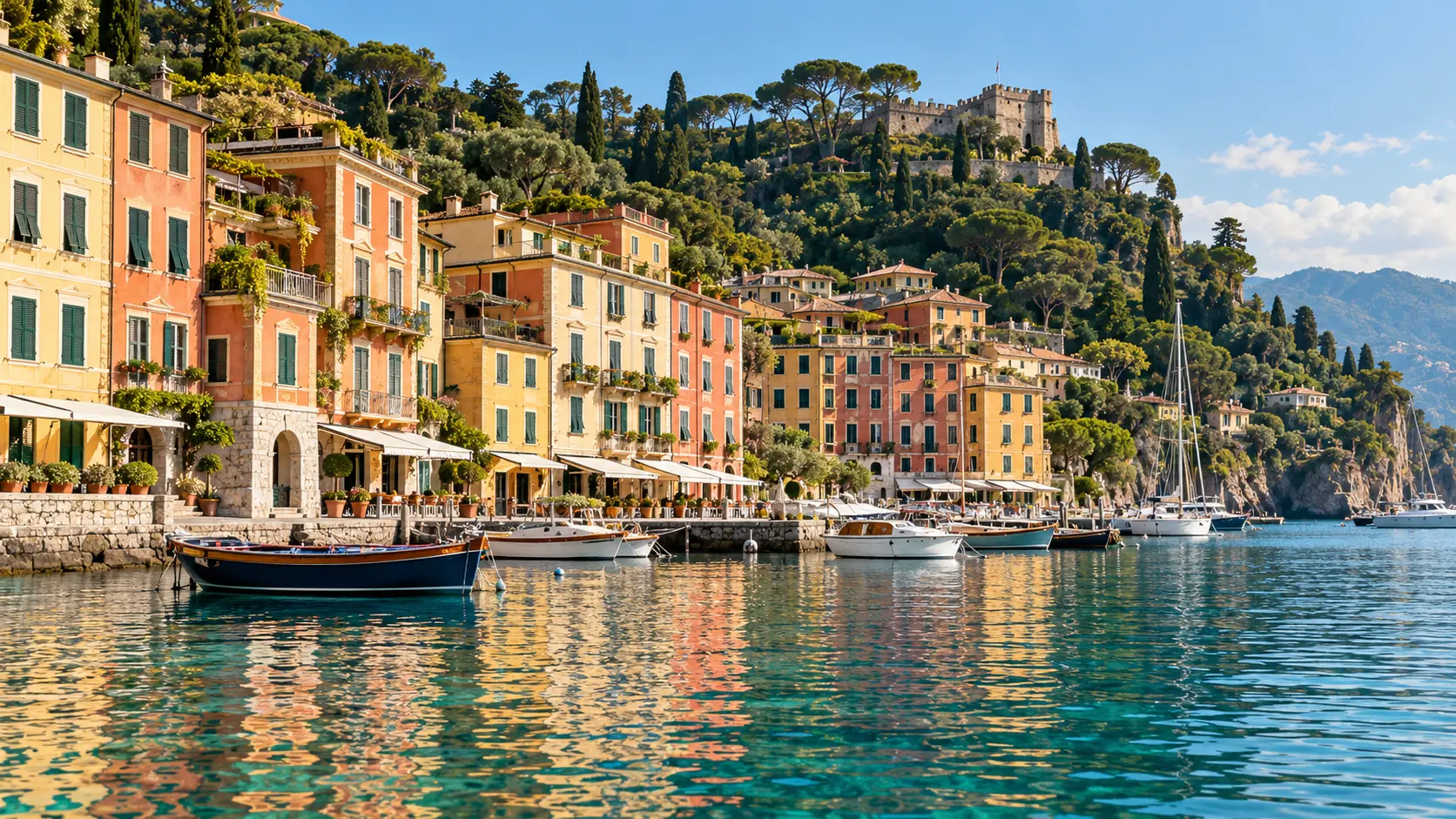 Pastel façades along the waterfront of the Italian Riviera