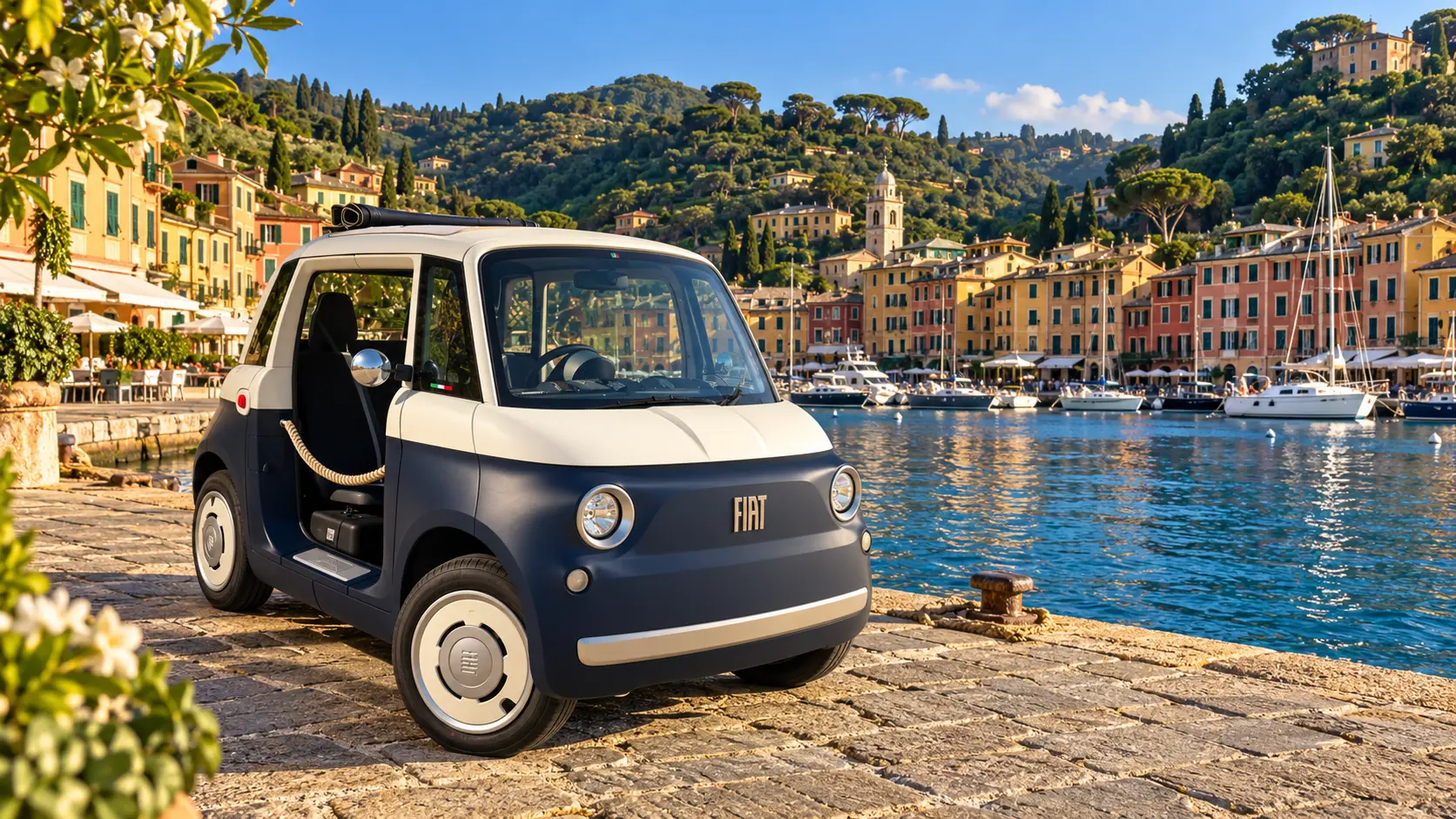 Blue and ivory Fiat Topolino with open sides on the quay at Portofino